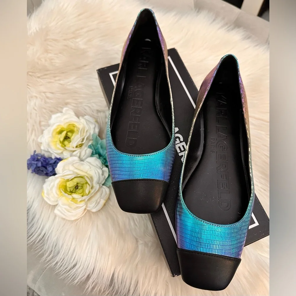 Karl Lagerfeld Paris Zayna MultiI Colored Metallic Black Flats Sz 9M NEW! FIRM! - Picture 5 of 10